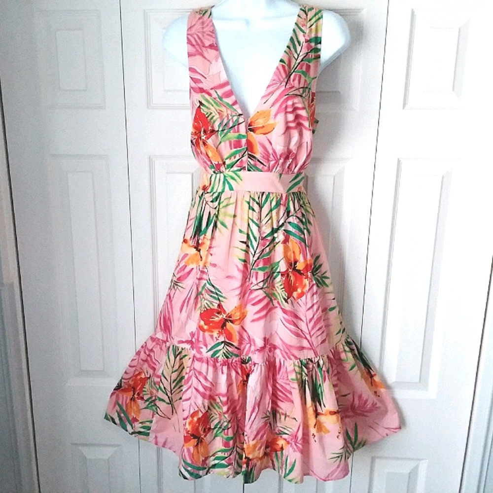 NY&C pink cotton tropical floral fit flare dress New York & Colmpany